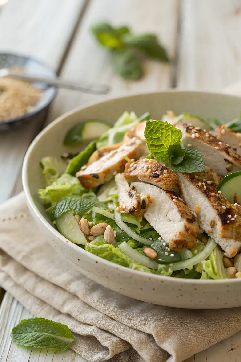 Asian Chicken Salad slice on plate showing perfect texture and swirl pattern