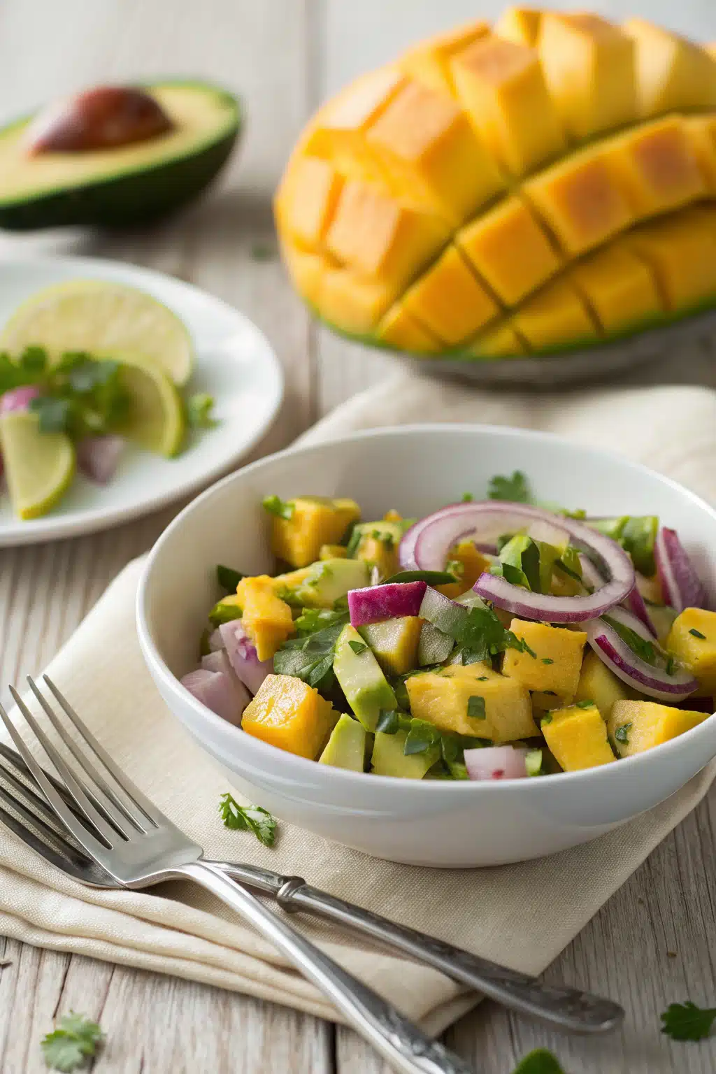 Avocado Mango Salad ingredients organized and measured on kitchen counter