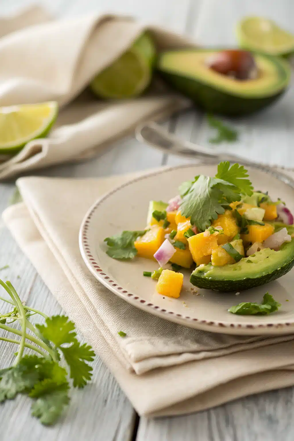 Avocado Mango Salad slice on plate showing perfect texture and swirl pattern