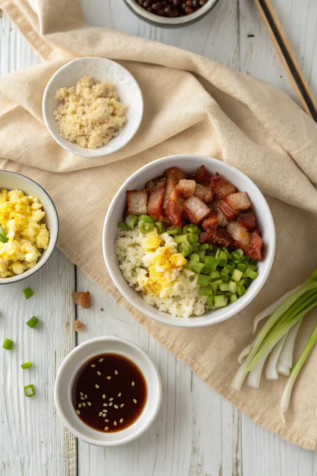 Bacon Fried Rice beautifully presented from an overhead angle