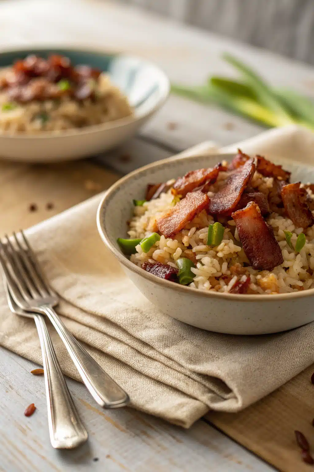 Bacon Fried Rice ingredients organized and measured on kitchen counter