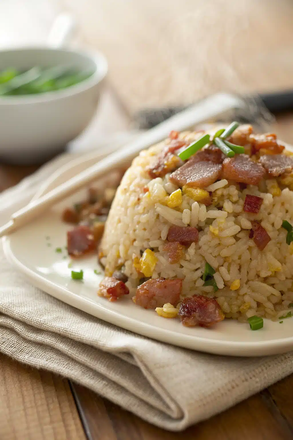 Bacon Fried Rice slice on plate showing perfect texture and swirl pattern