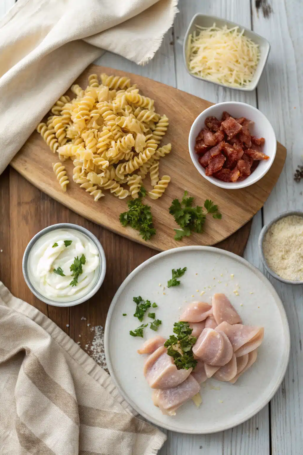 Bacon Ranch Chicken Pasta beautifully presented from an overhead angle