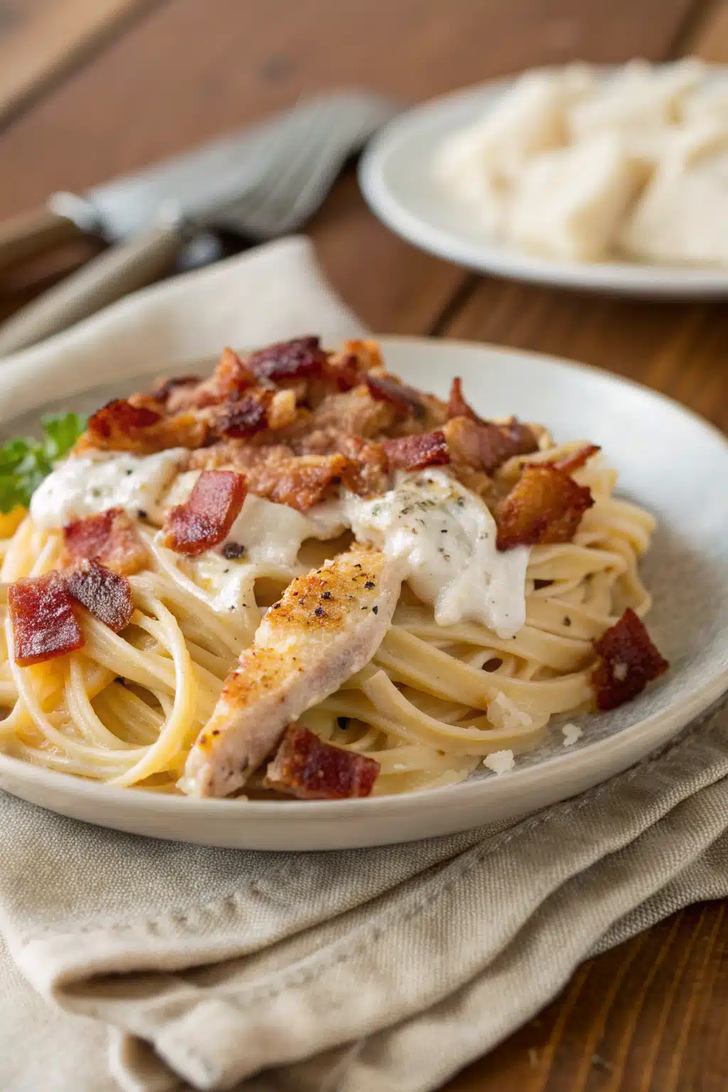 Bacon Ranch Chicken Pasta slice on plate showing perfect texture and swirl pattern
