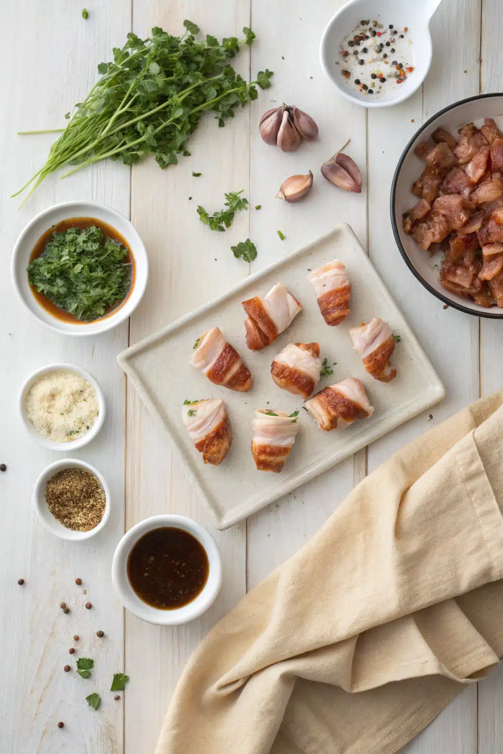 Bacon Wrapped Chicken Bites beautifully presented from an overhead angle