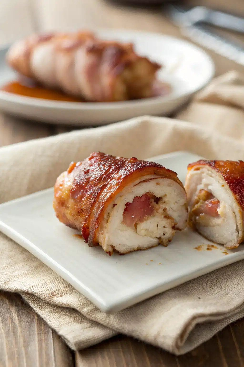 Bacon Wrapped Chicken Bites slice on plate showing perfect texture and swirl pattern