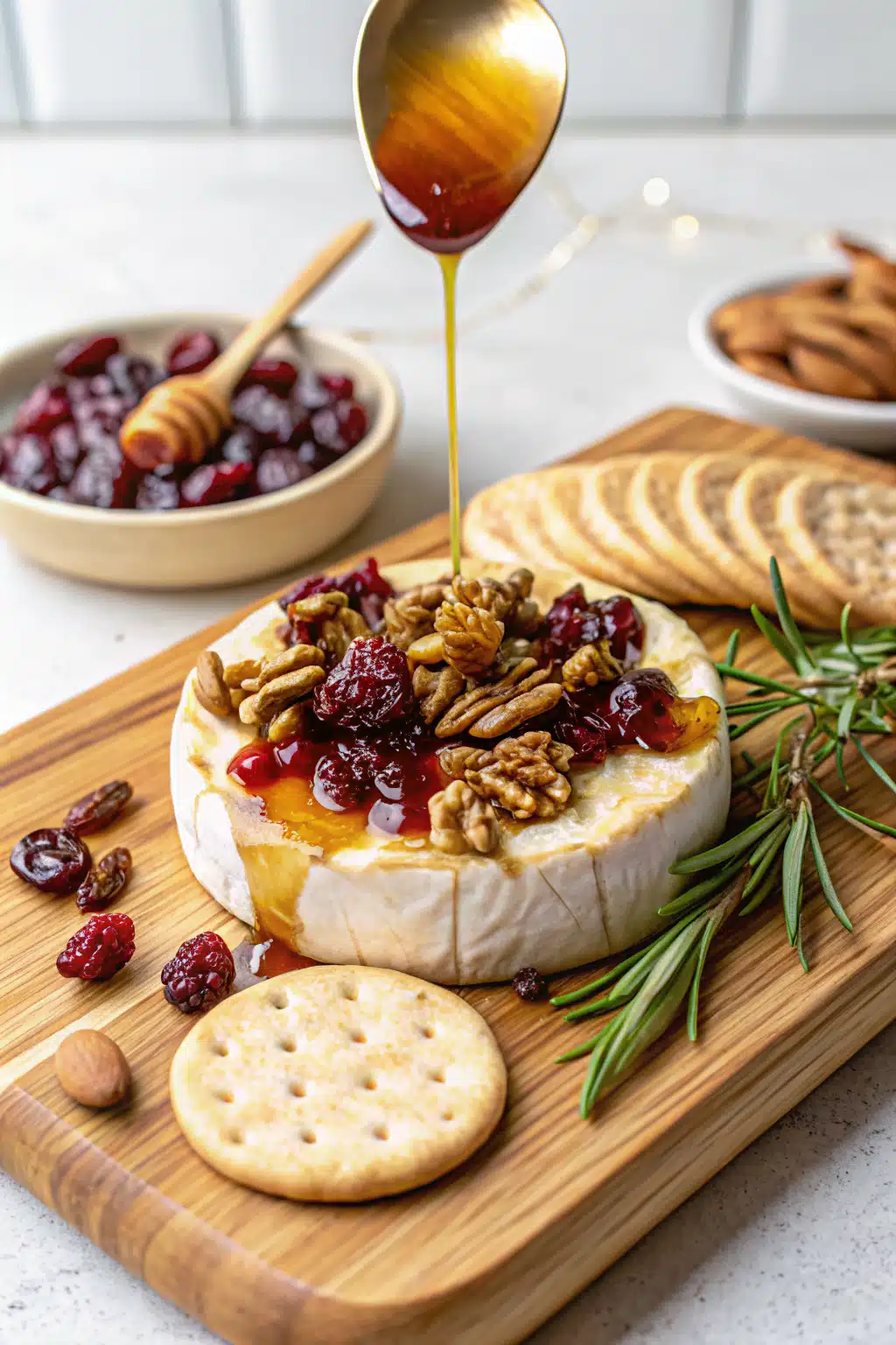 Baked Brie with Honey and Cranberry Sauce ingredients organized and measured on kitchen counter
