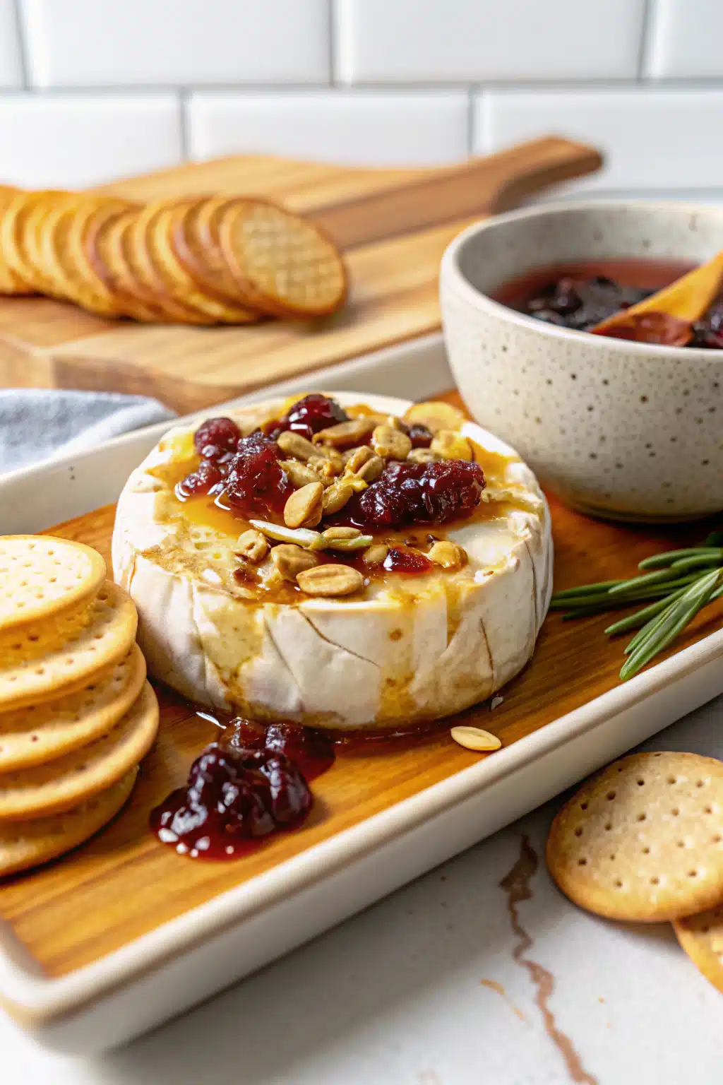 Baked Brie with Honey and Cranberry Sauce slice on plate showing perfect texture and swirl pattern