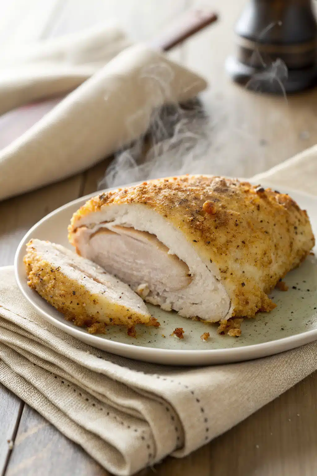 Oven Baked Chicken Breast slice on plate showing perfect texture and swirl pattern
