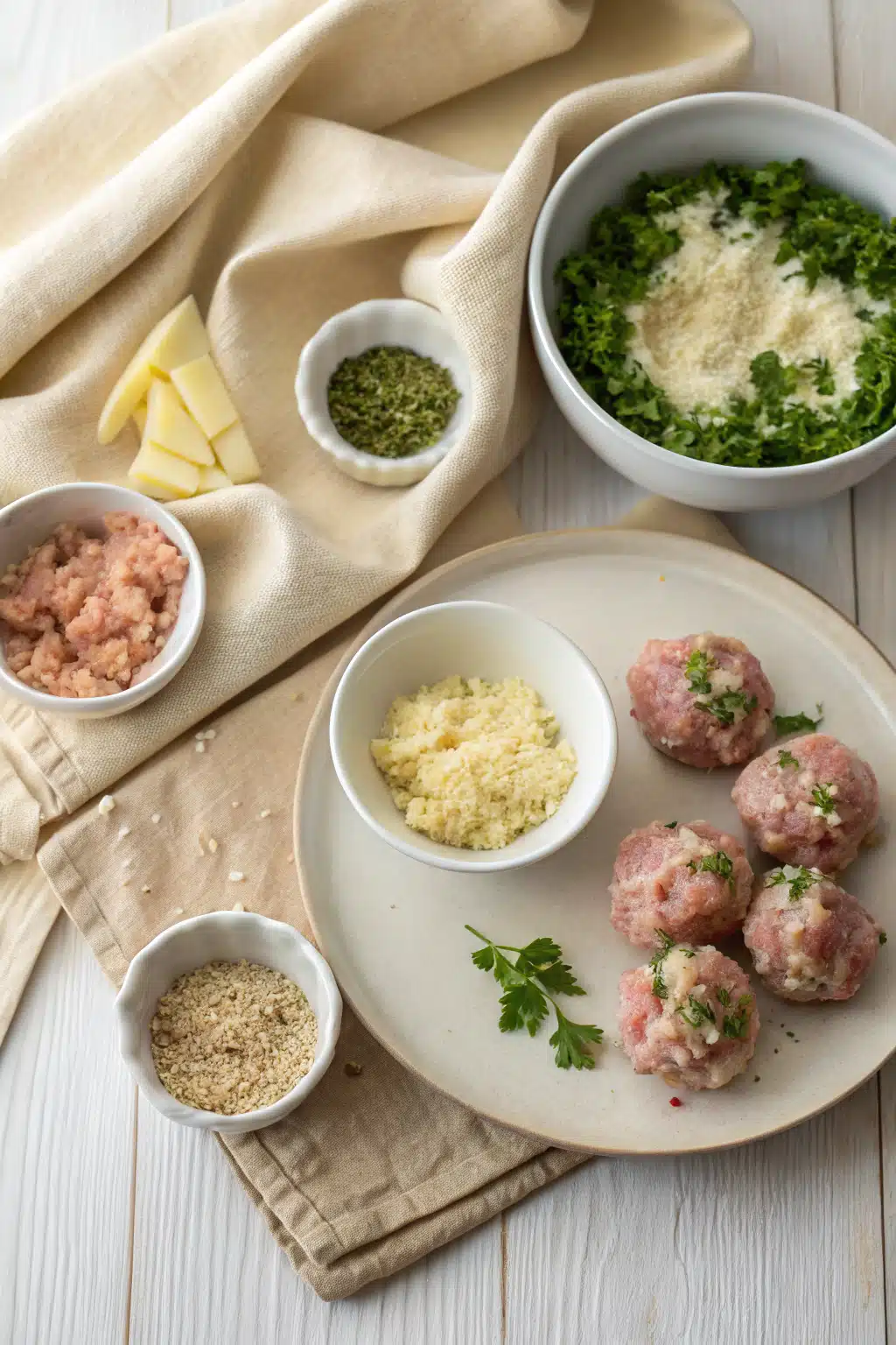 Baked Chicken Meatballs beautifully presented from an overhead angle