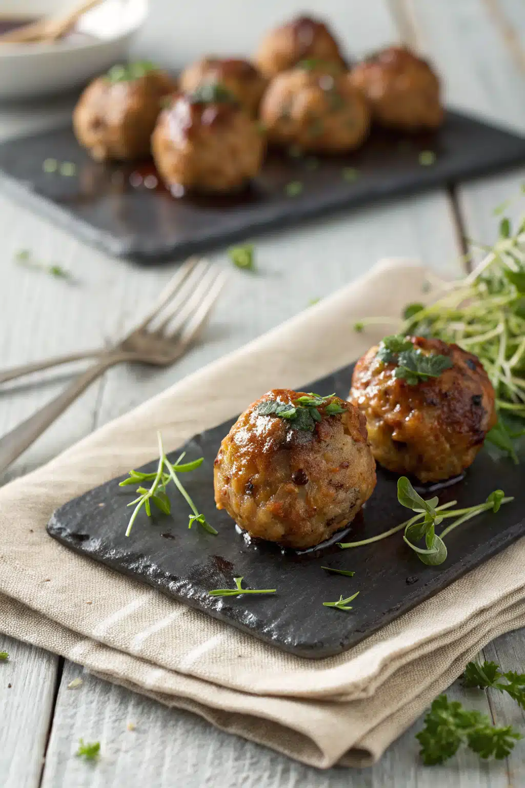 Baked Chicken Meatballs ingredients organized and measured on kitchen counter