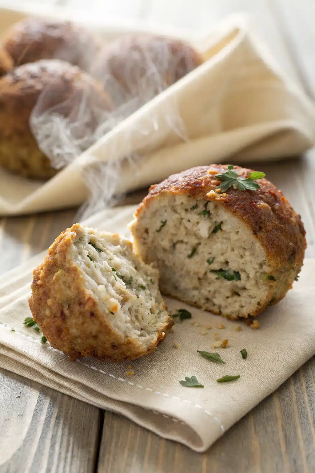 Baked Chicken Meatballs slice on plate showing perfect texture and swirl pattern