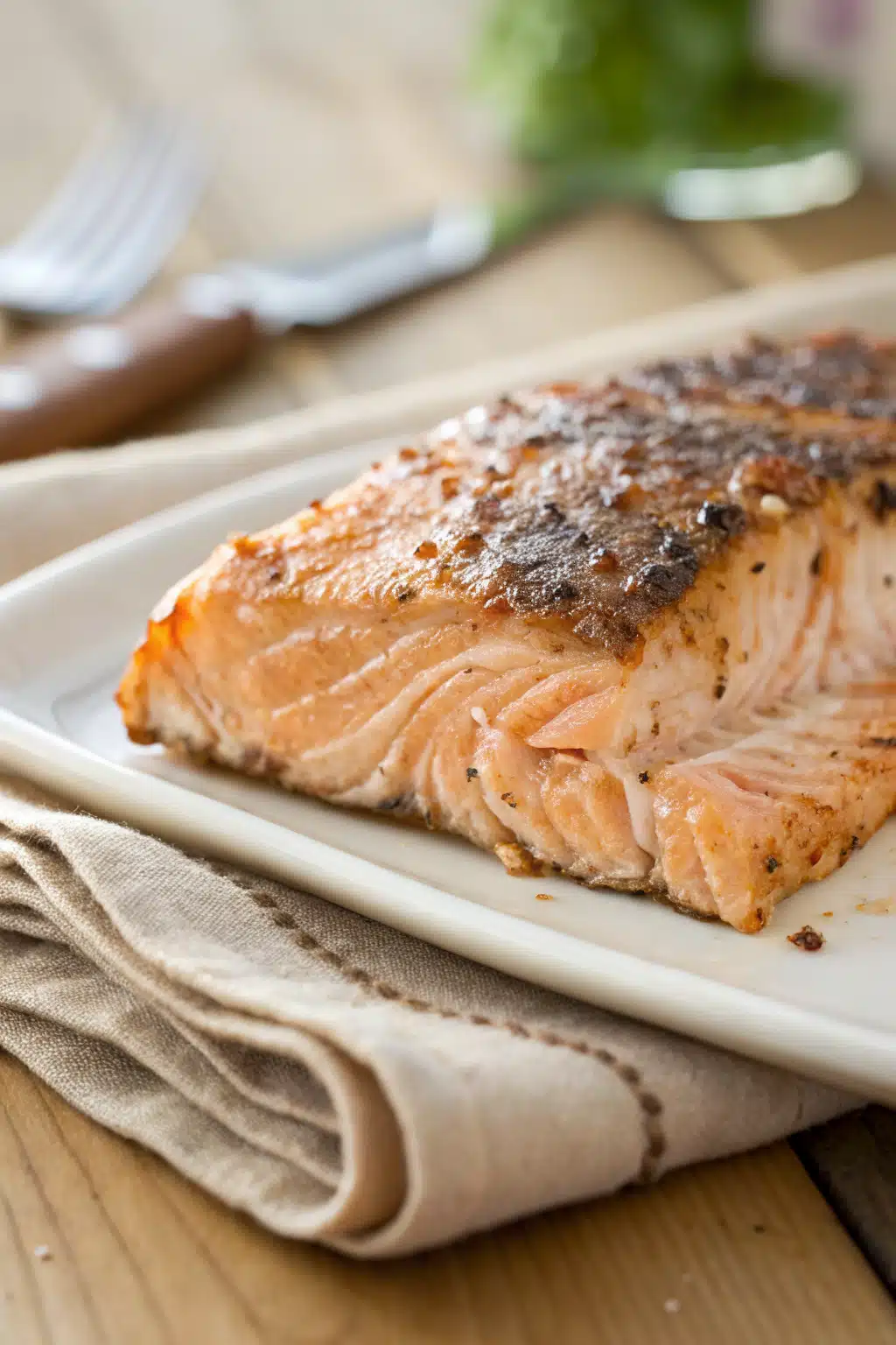 Baked Salmon slice on plate showing perfect texture and swirl pattern