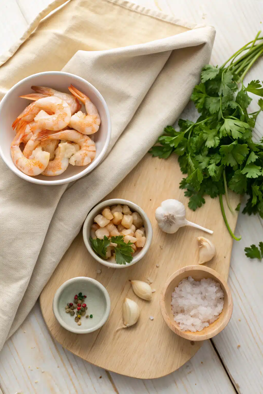 Garlic Butter Shrimp beautifully presented from an overhead angle
