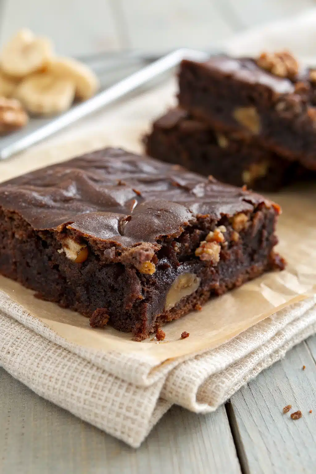 Banana Bread Brownies slice on plate showing perfect texture and swirl pattern