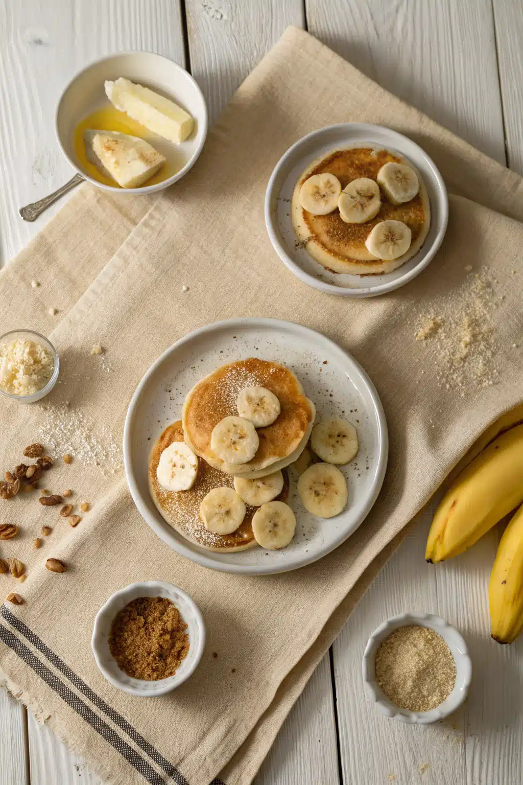 Banana Pancakes beautifully presented from an overhead angle