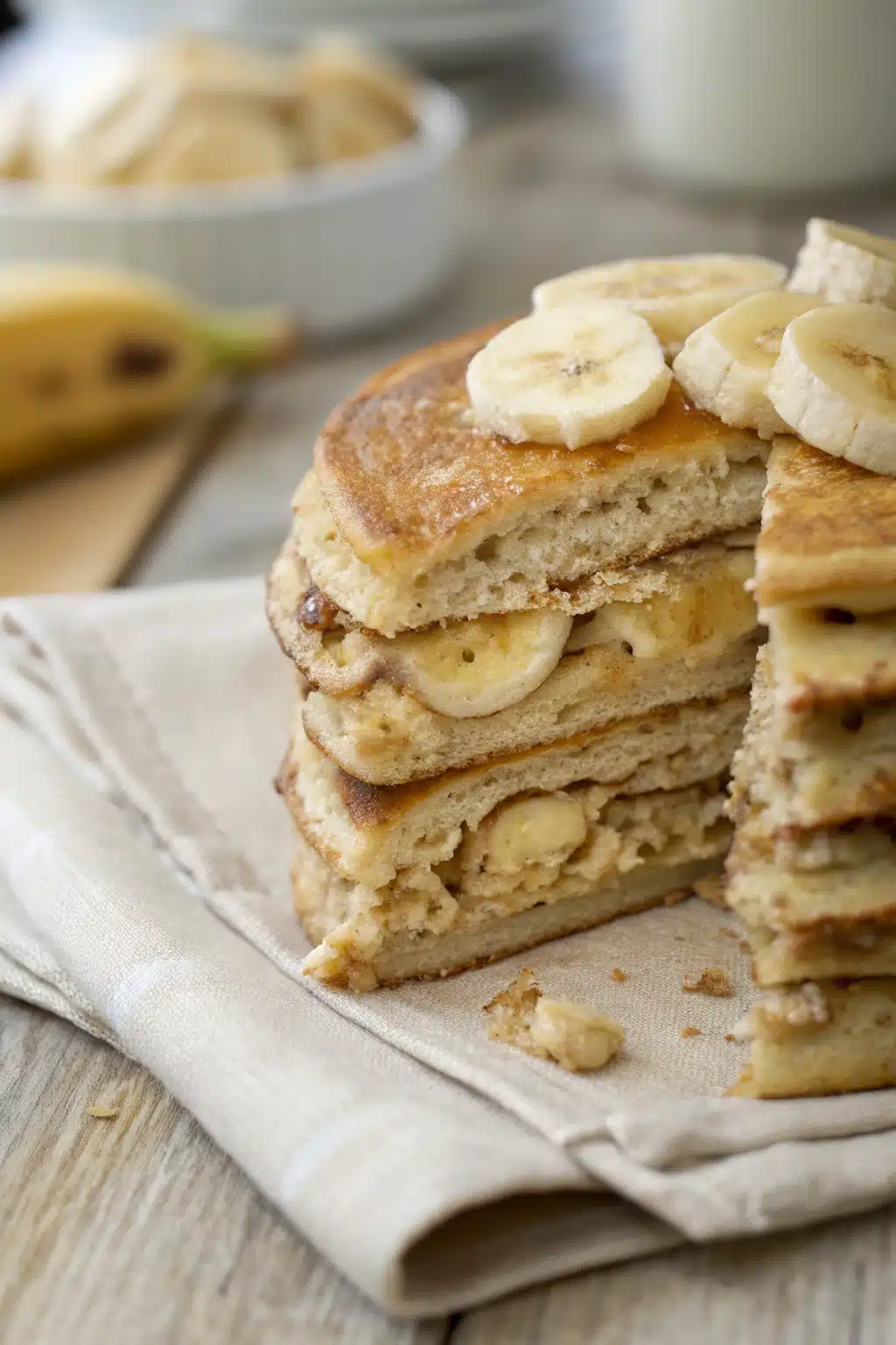 Banana Pancakes slice on plate showing perfect texture and swirl pattern