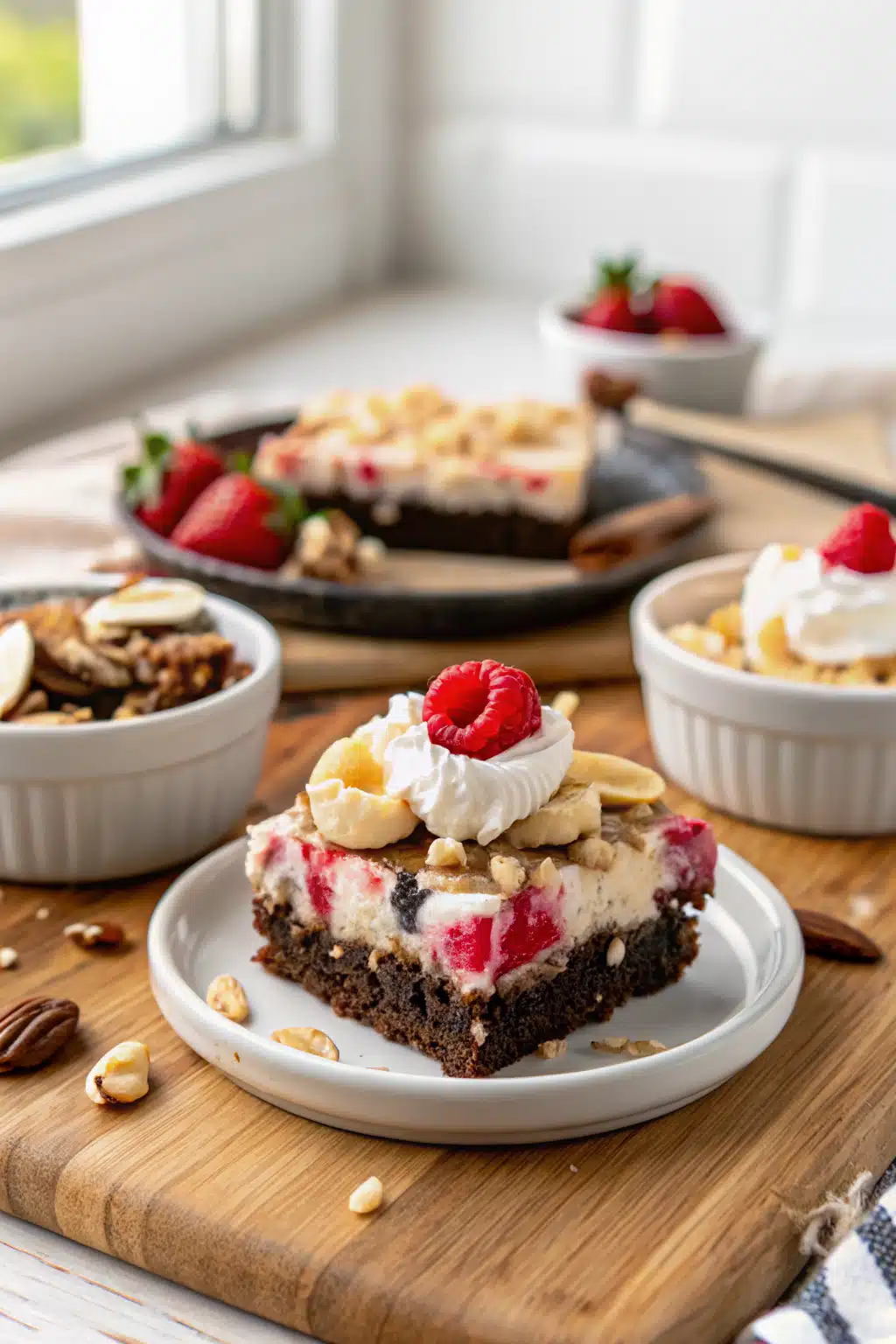 Banana Split Brownies beautifully presented from an overhead angle