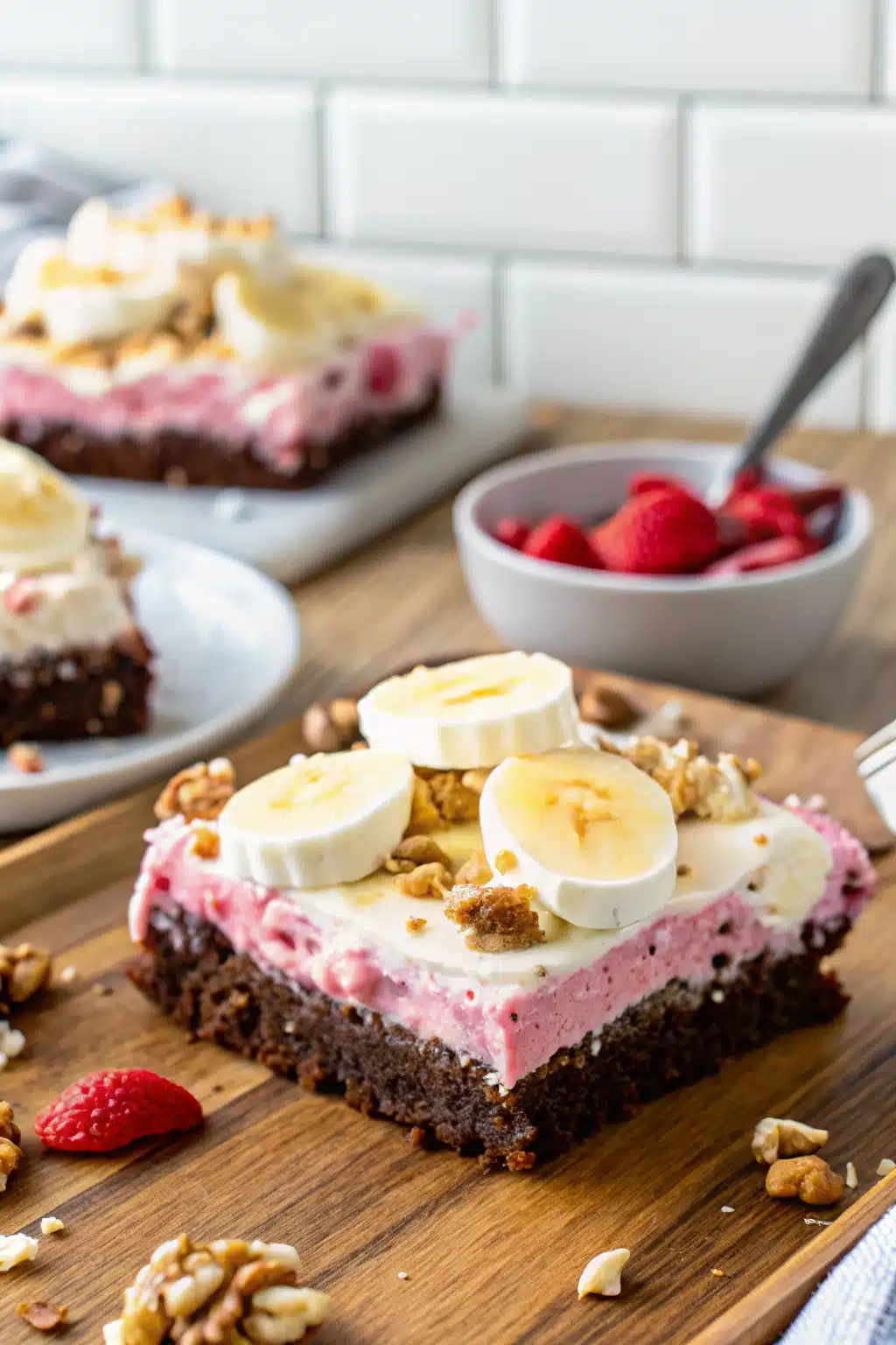 Banana Split Brownies slice on plate showing perfect texture and swirl pattern