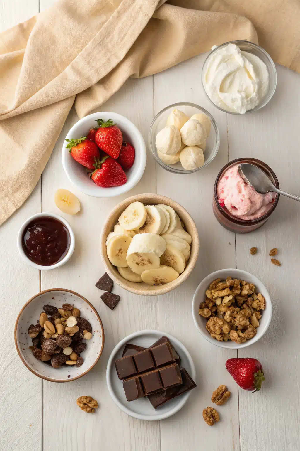 Banana Split Dessert beautifully presented from an overhead angle