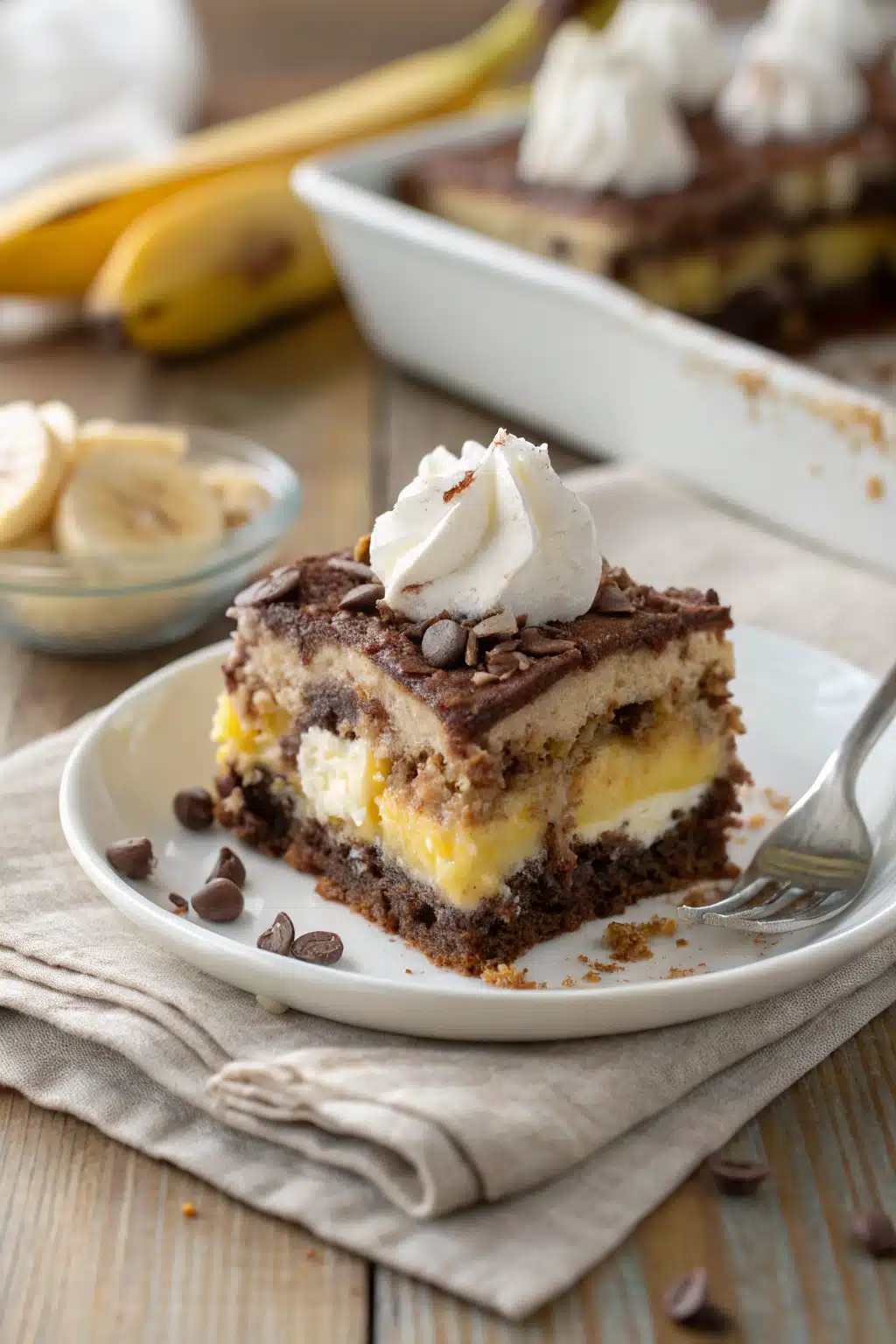 Banana Split Dump Cake slice on plate showing perfect texture and swirl pattern