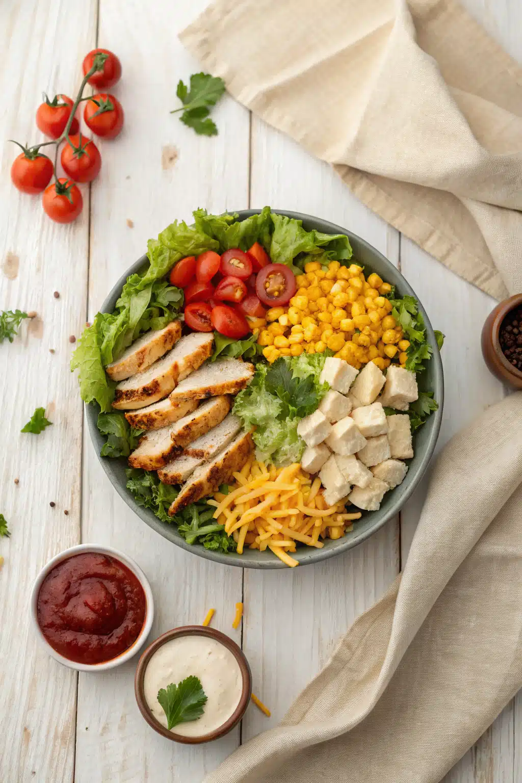 BBQ Chicken Salad beautifully presented from an overhead angle
