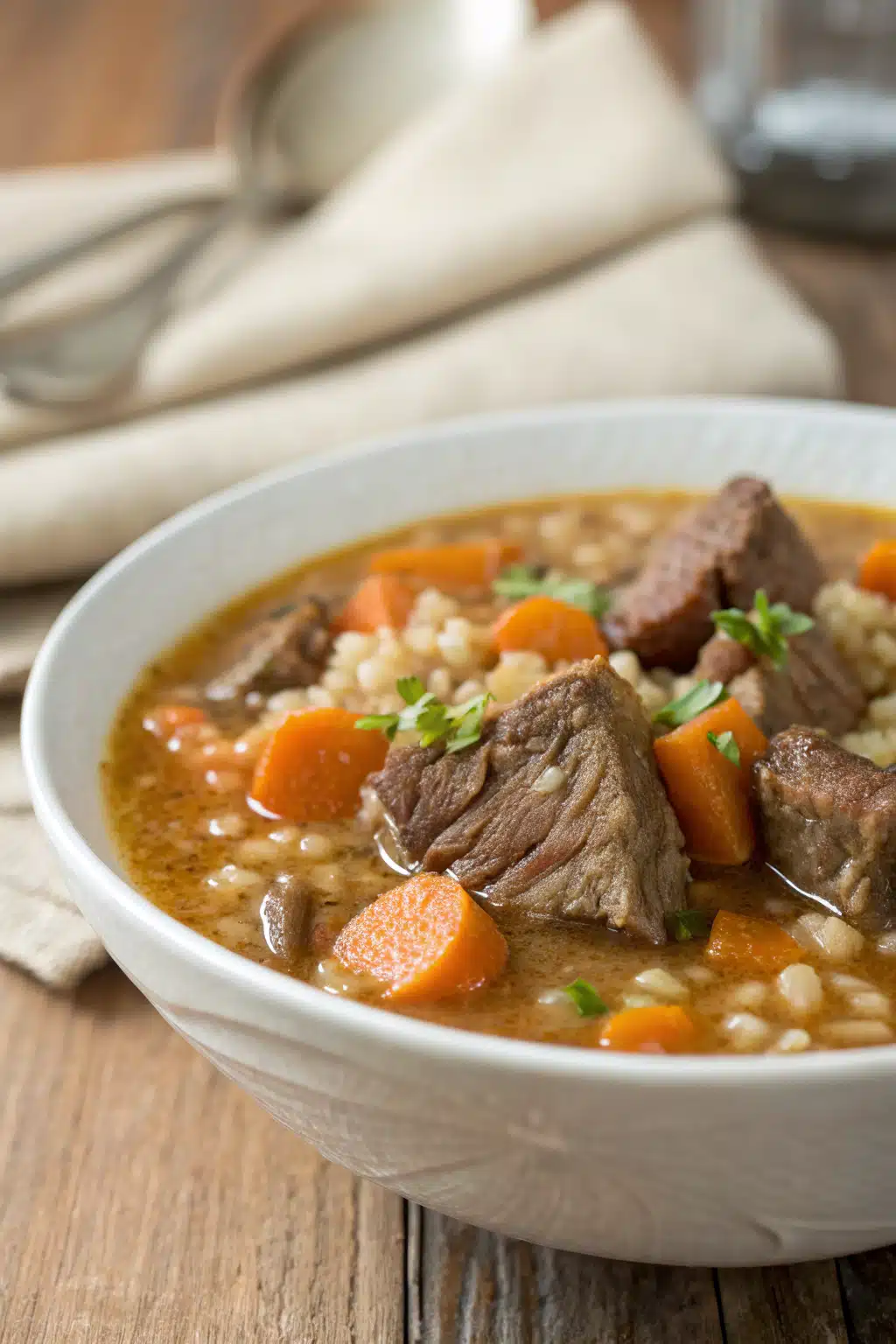 Beef And Barley Soup Tips slice on plate showing perfect texture and swirl pattern