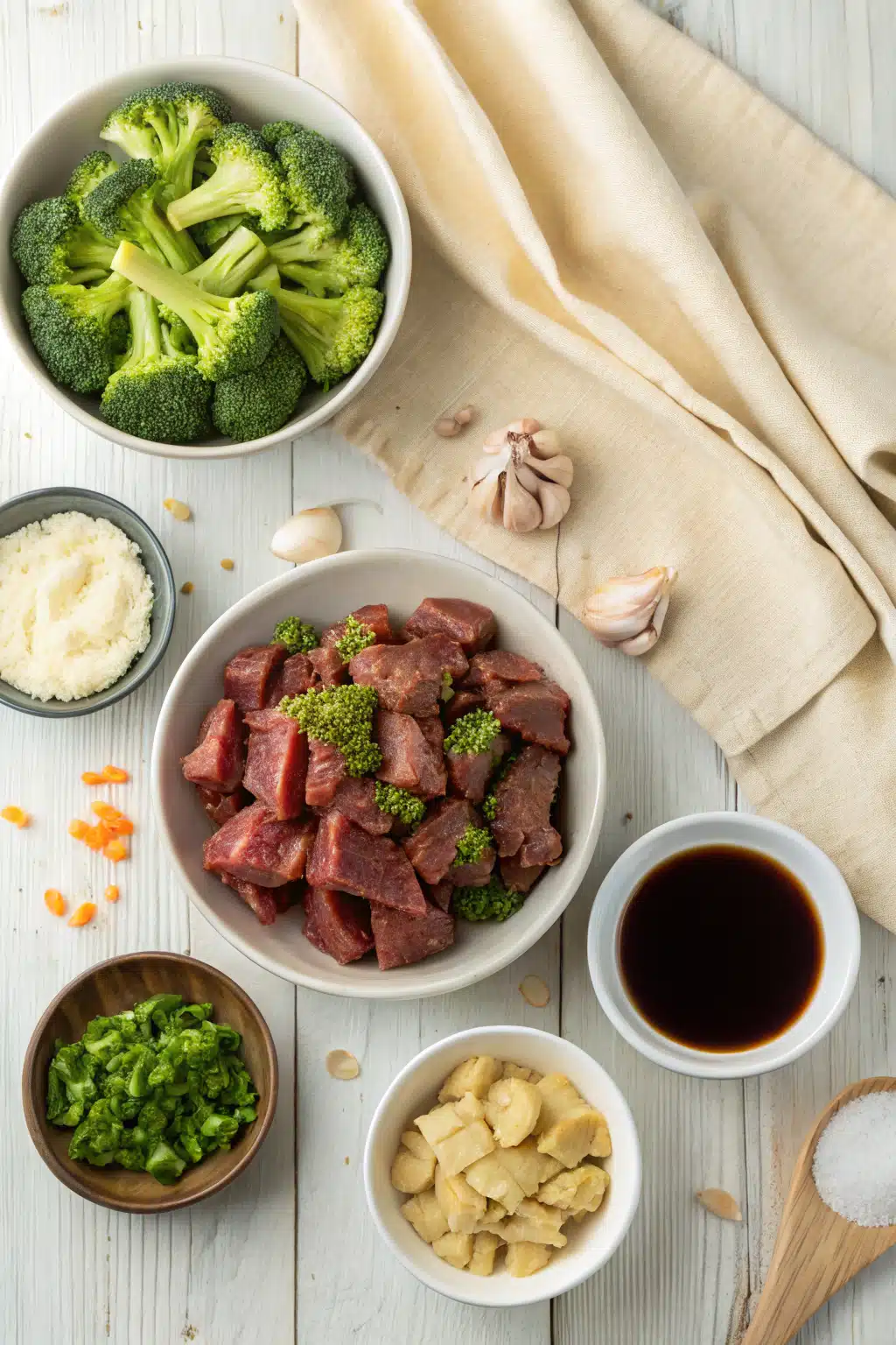 Beef And Broccoli Stir Fry beautifully presented from an overhead angle