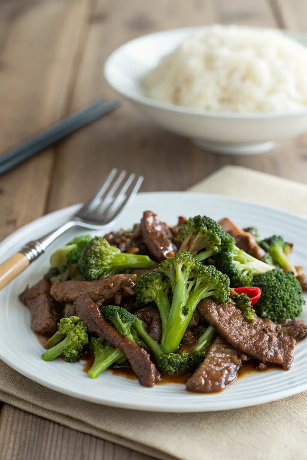 Beef And Broccoli Stir Fry ingredients organized and measured on kitchen counter