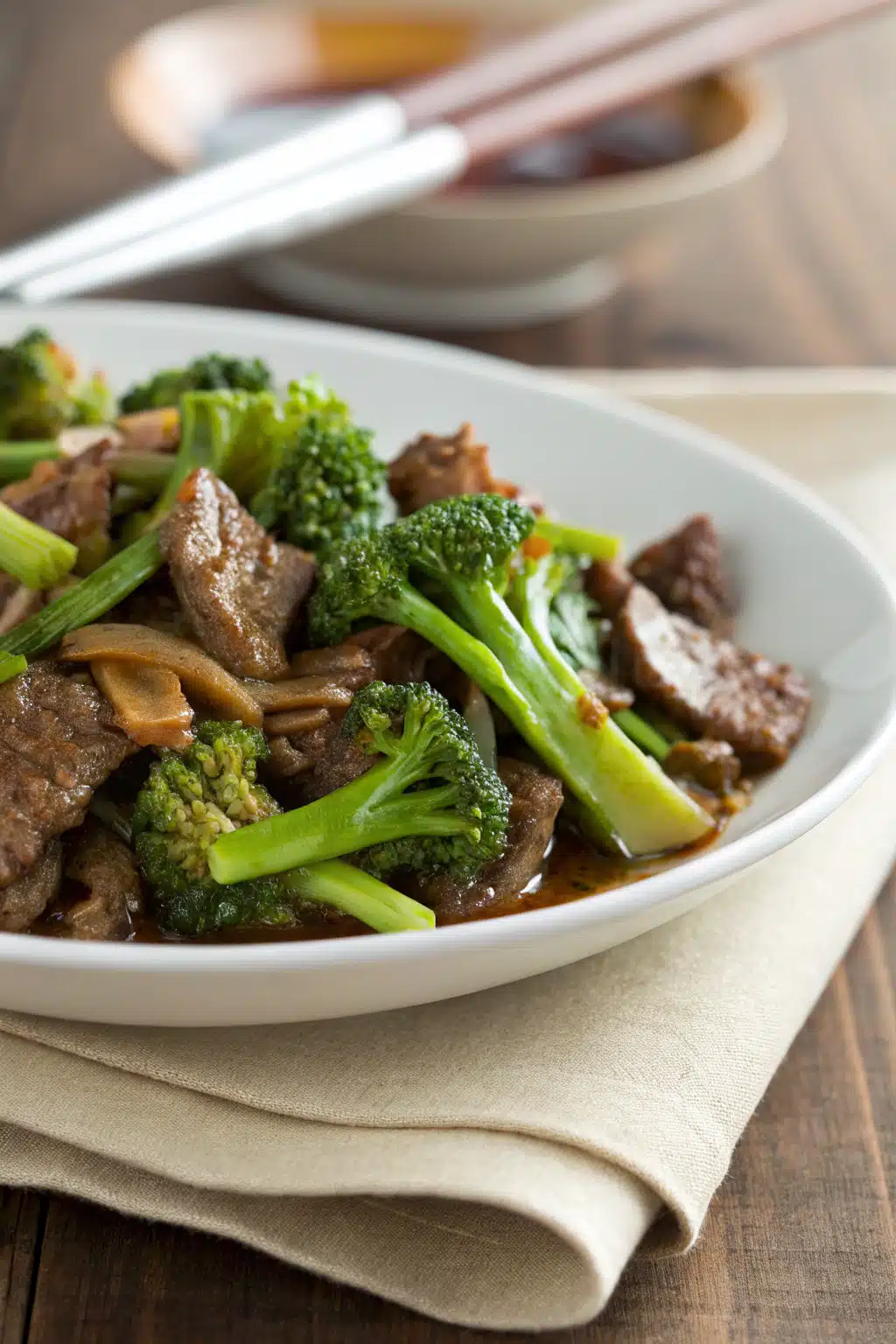 Beef And Broccoli Stir Fry slice on plate showing perfect texture and swirl pattern
