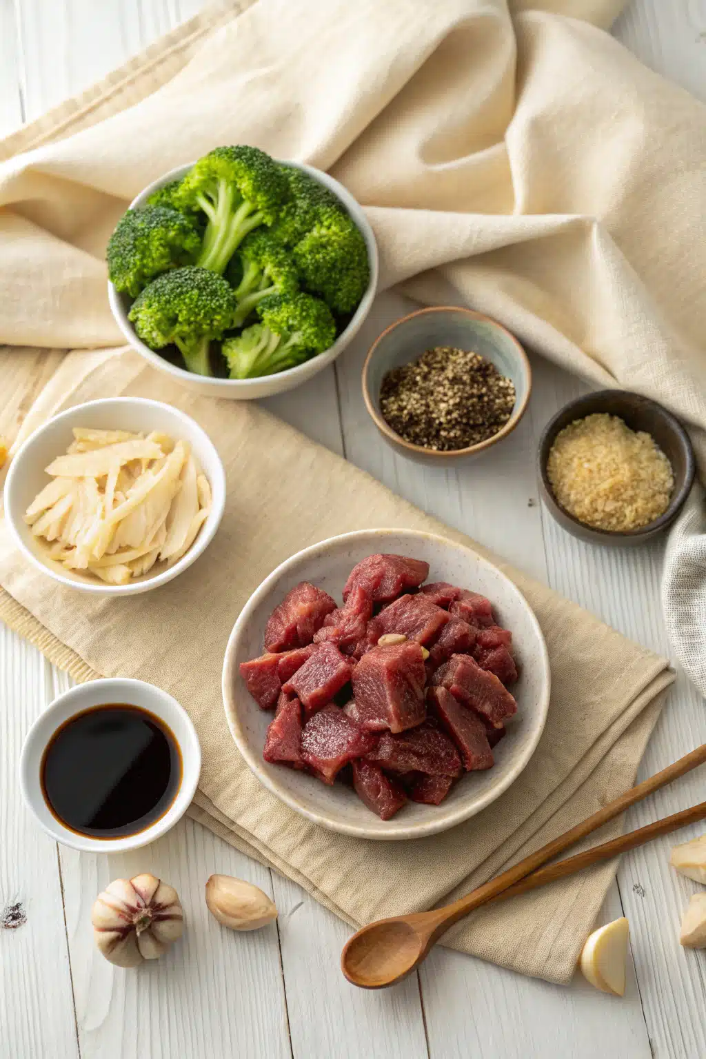 Beef And Broccoli beautifully presented from an overhead angle