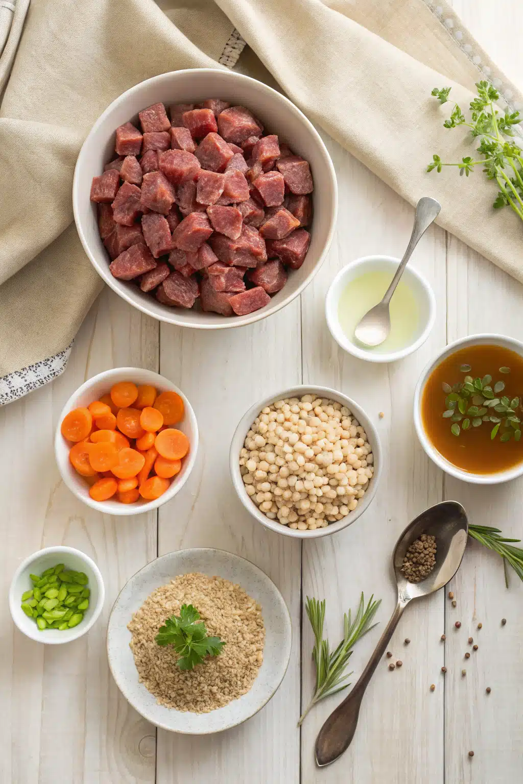 Beef Barley Soup beautifully presented from an overhead angle