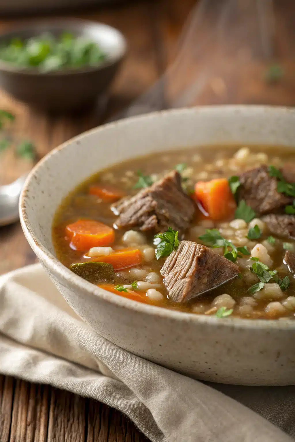 Beef Barley Soup slice on plate showing perfect texture and swirl pattern