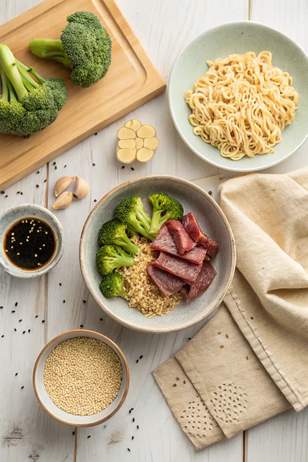 Beef Broccoli Ramen beautifully presented from an overhead angle