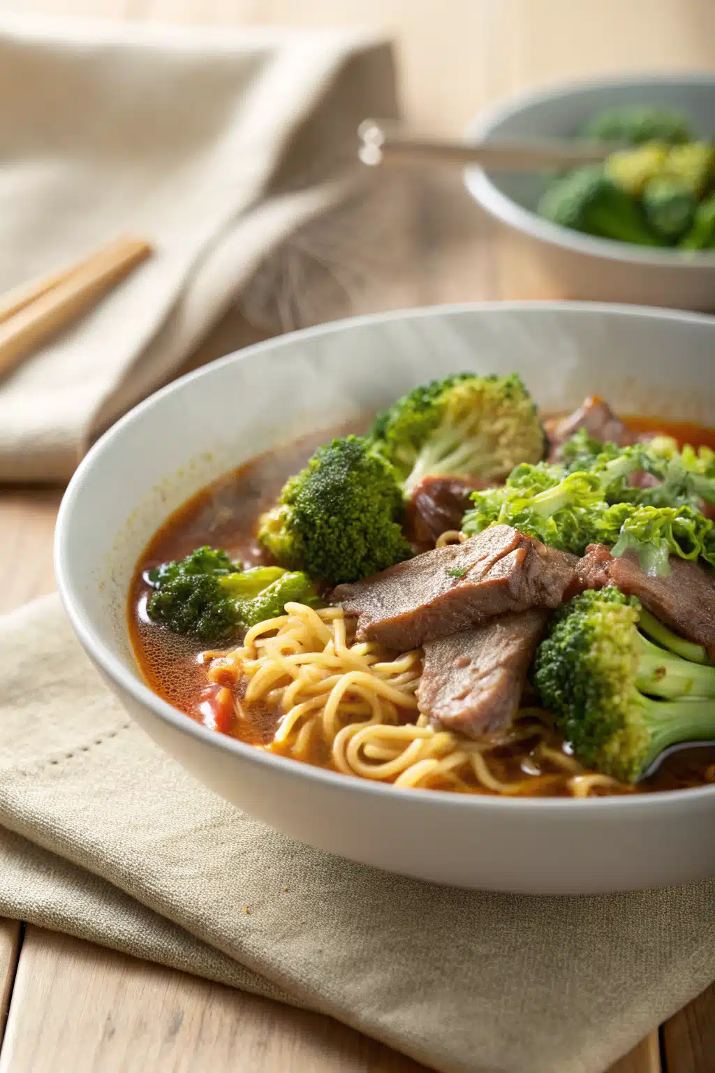 Beef Broccoli Ramen ingredients organized and measured on kitchen counter