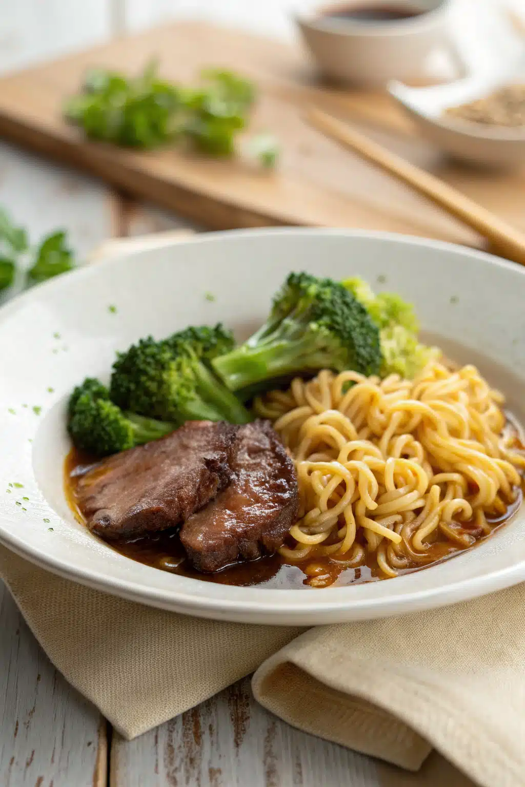 Beef Broccoli Ramen slice on plate showing perfect texture and swirl pattern