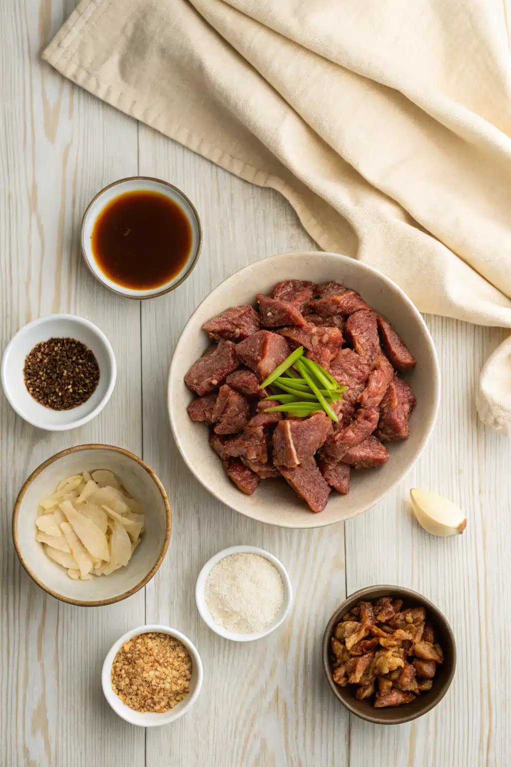 Beef Bulgogi beautifully presented from an overhead angle