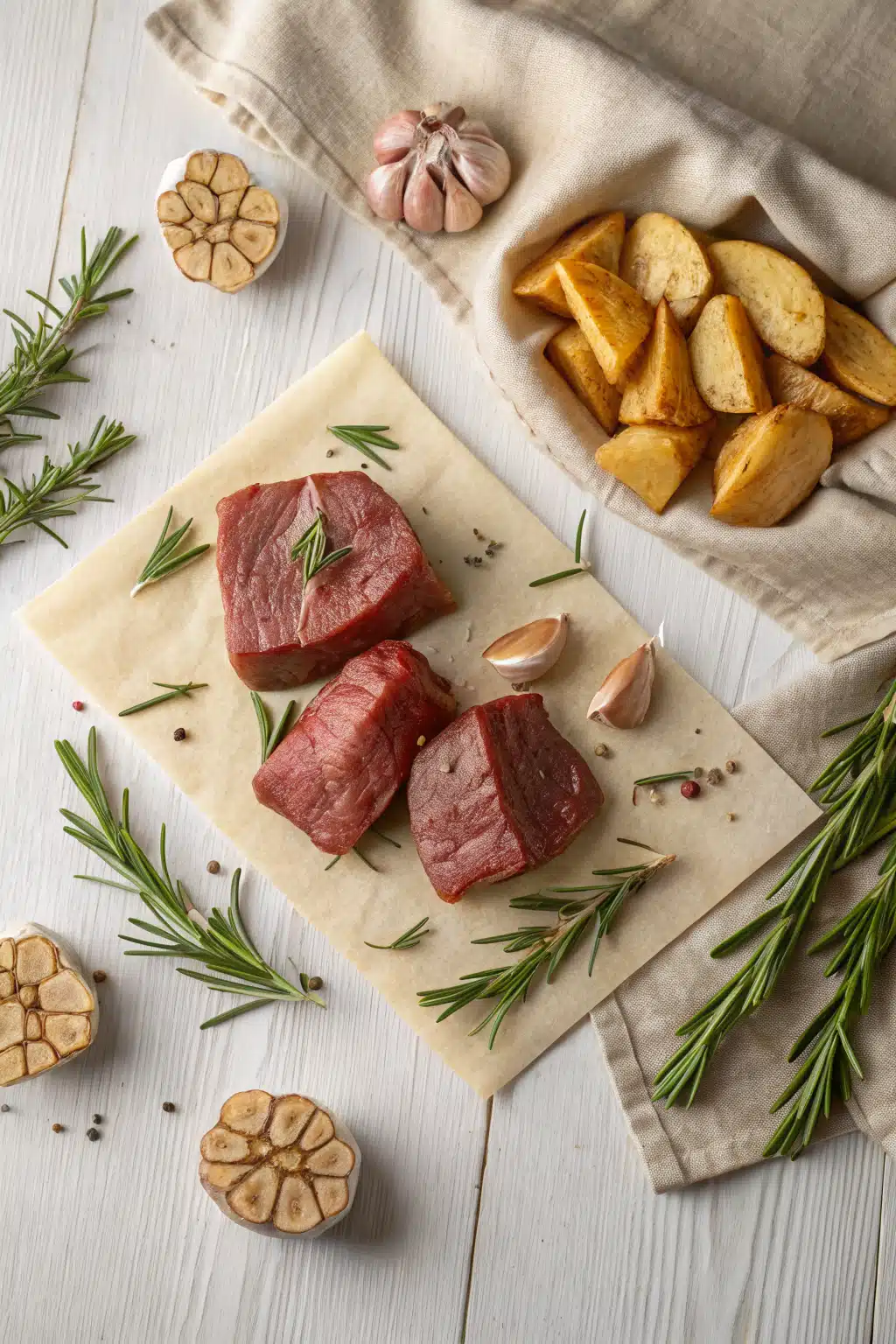 Beef Tenderloin beautifully presented from an overhead angle