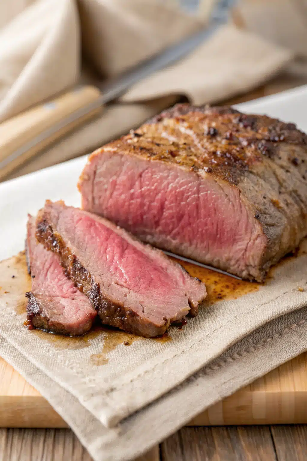 Beef Tenderloin slice on plate showing perfect texture and swirl pattern