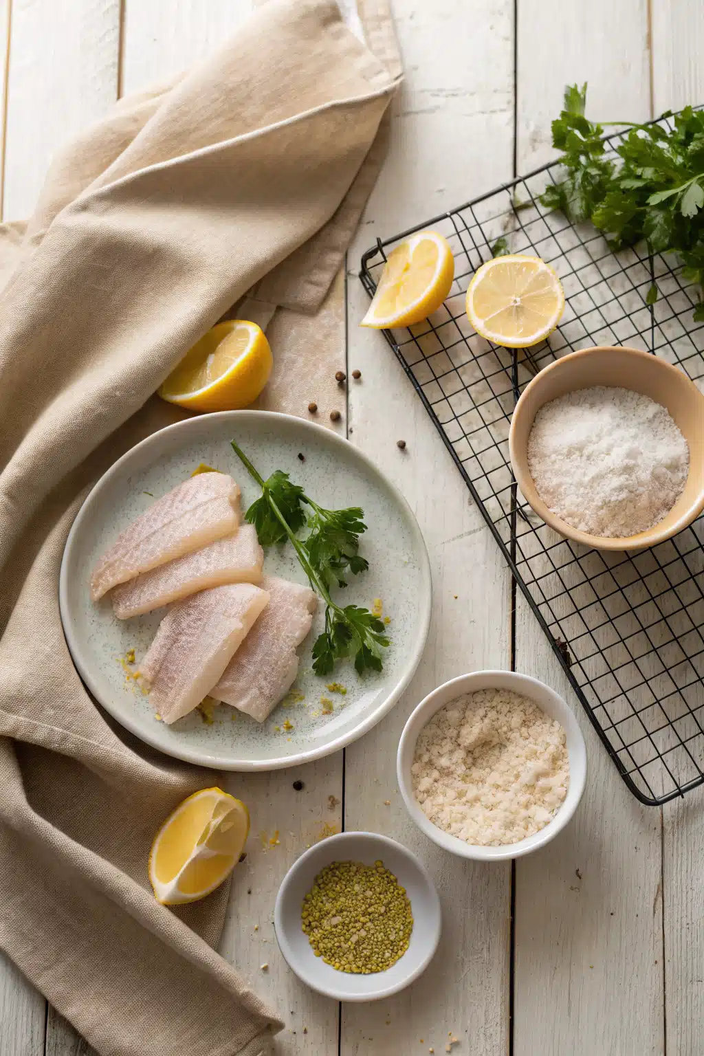 Beer Battered Fish beautifully presented from an overhead angle