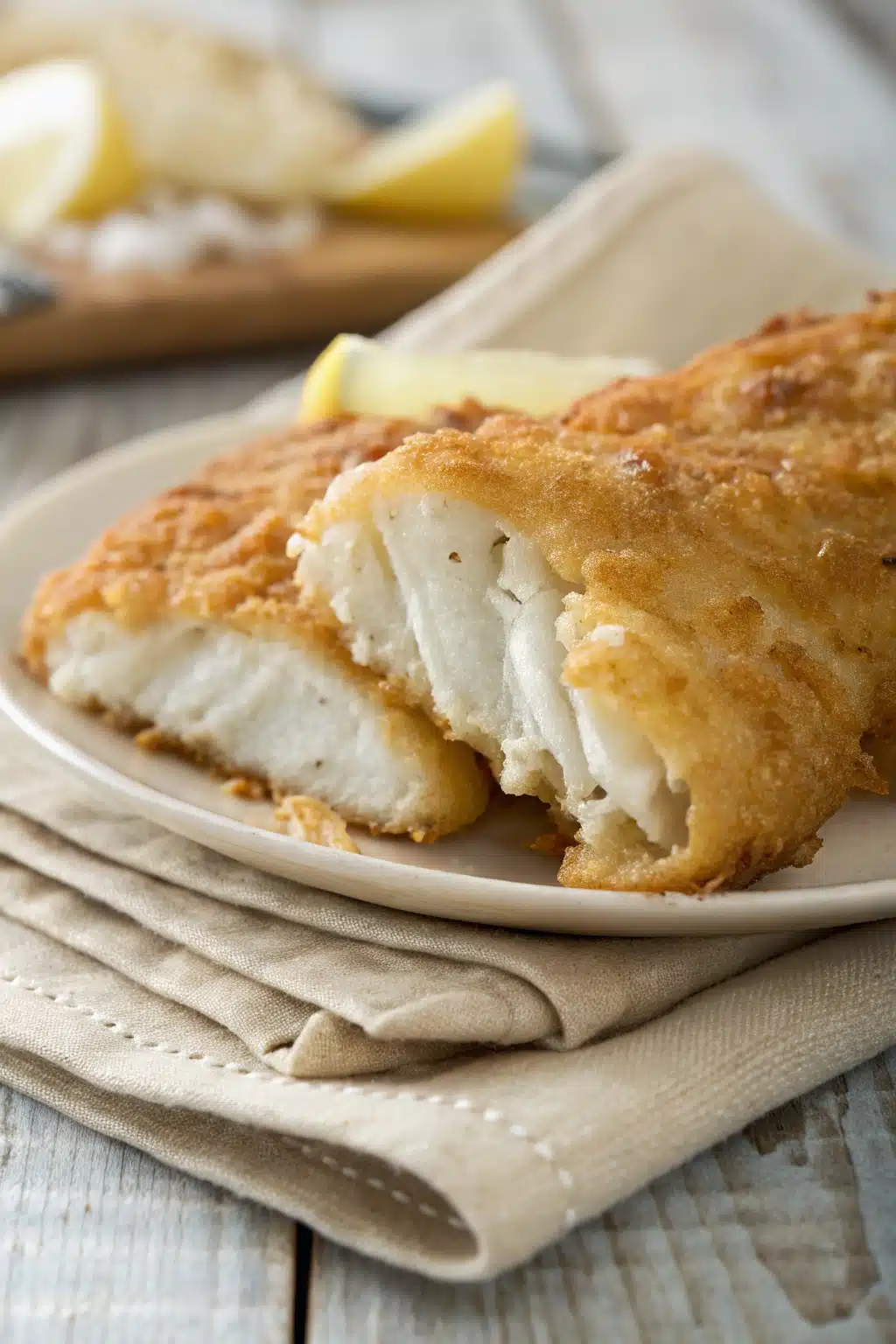 Beer Battered Fish slice on plate showing perfect texture and swirl pattern