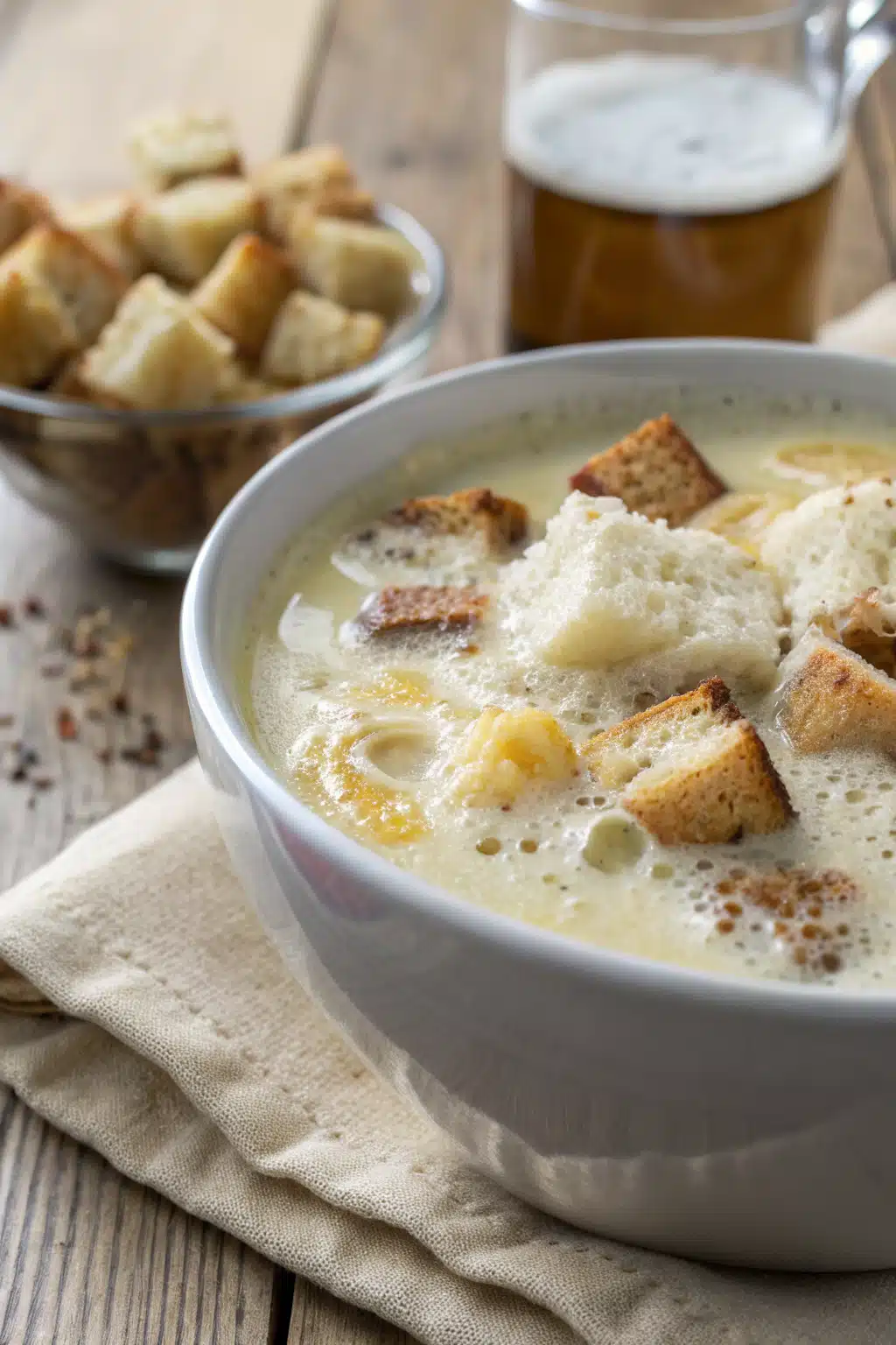 Beer Cheese Soup slice on plate showing perfect texture and swirl pattern