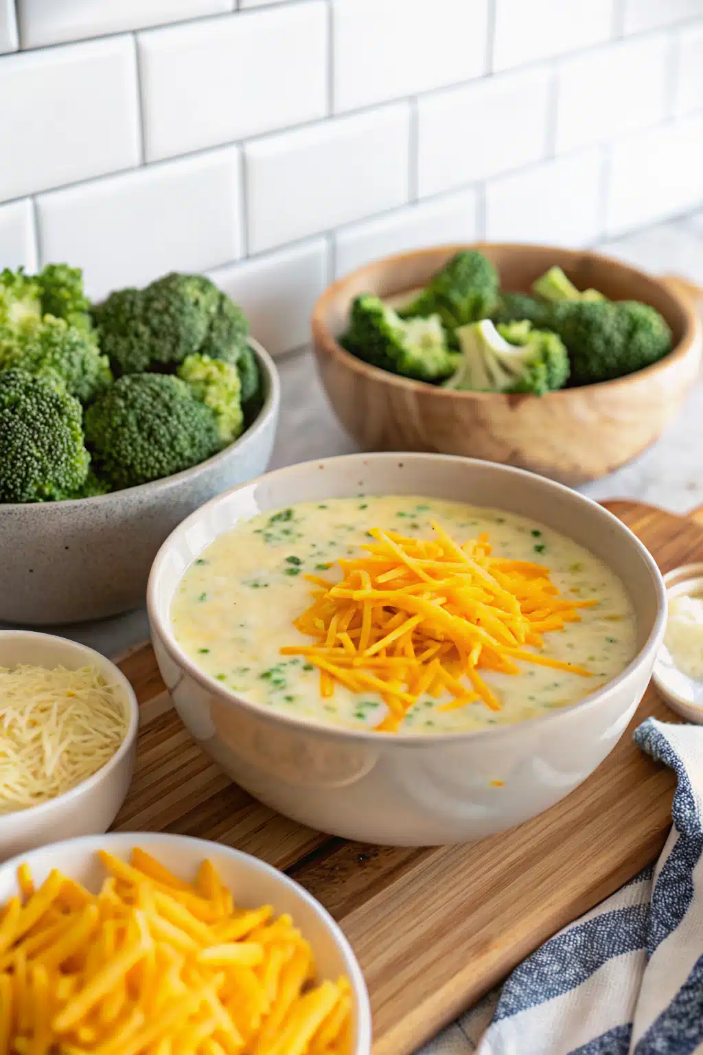 Best Broccoli Cheese Soup beautifully presented from an overhead angle