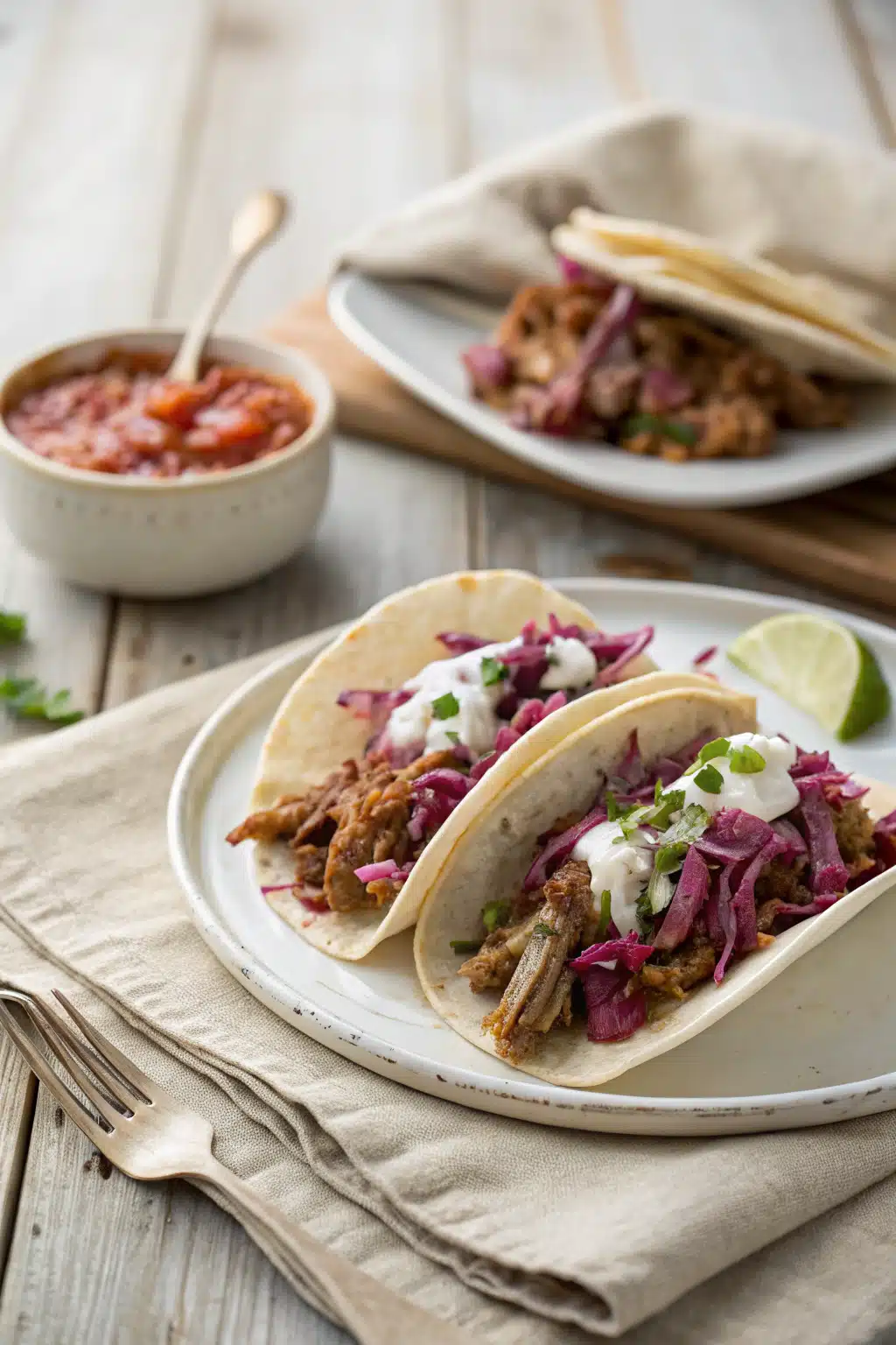 Tacos ingredients organized and measured on kitchen counter