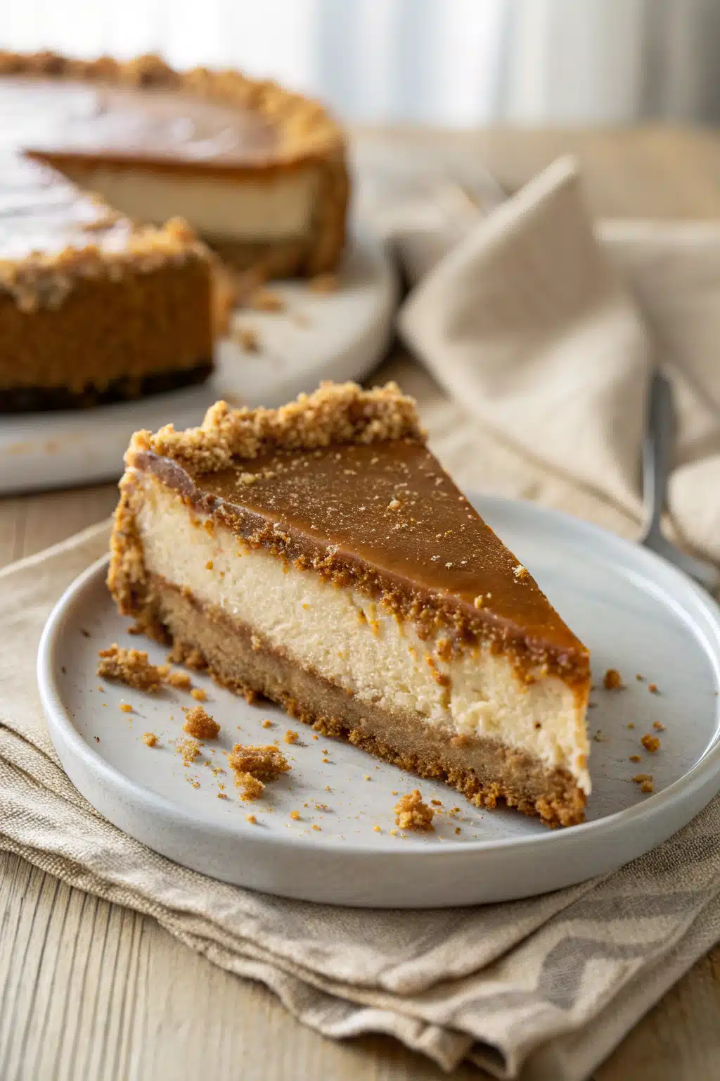 Biscoff Cheesecake Recipe slice on plate showing perfect texture and swirl pattern