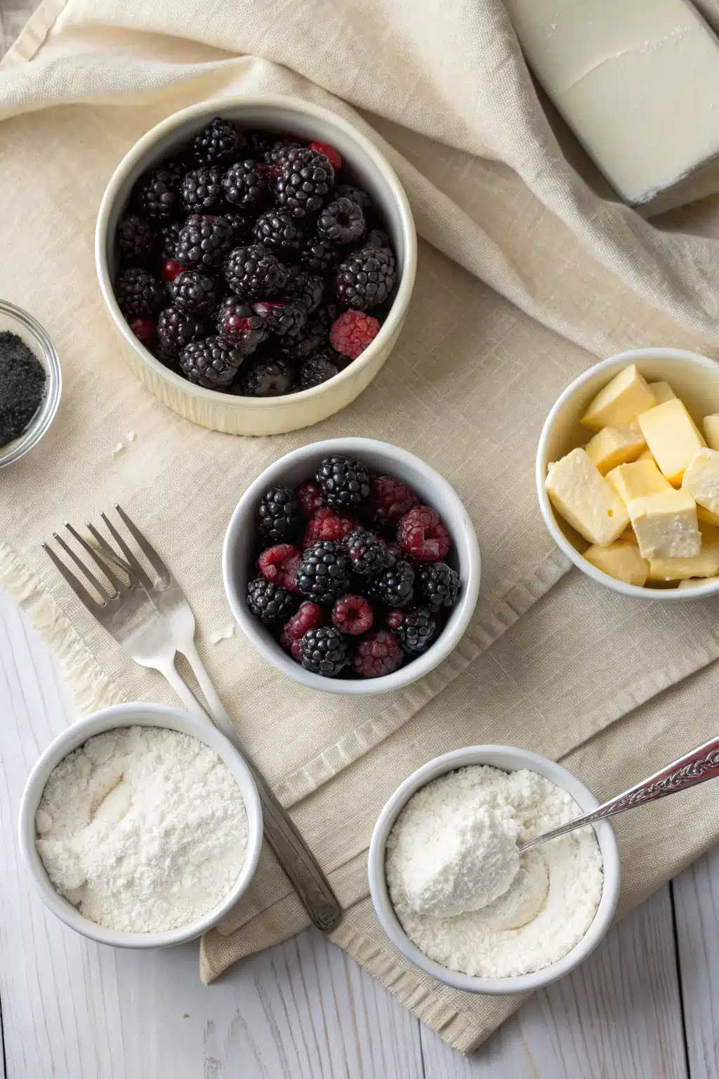 Blackberry Cobbler beautifully presented from an overhead angle