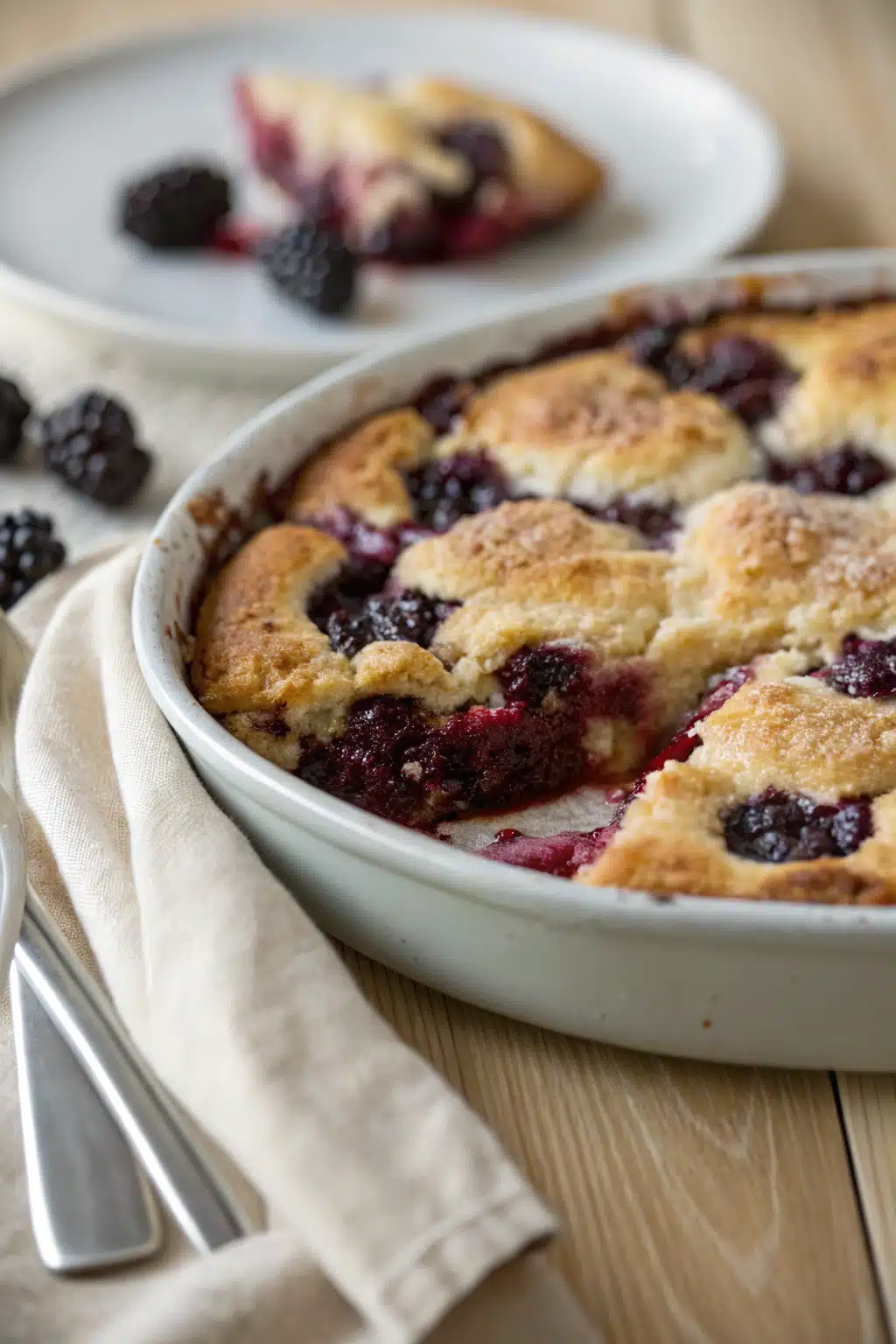 Blackberry Cobbler slice on plate showing perfect texture and swirl pattern
