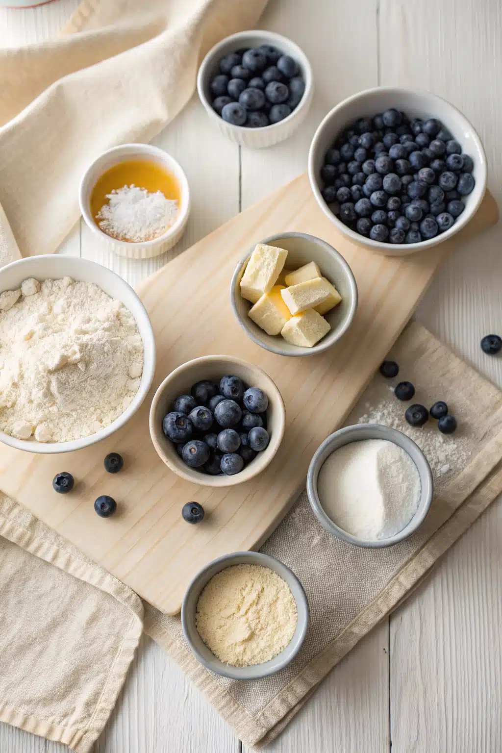 Blueberry Muffins beautifully presented from an overhead angle