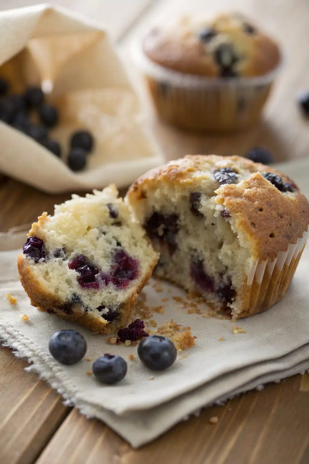 Blueberry Muffins slice on plate showing perfect texture and swirl pattern