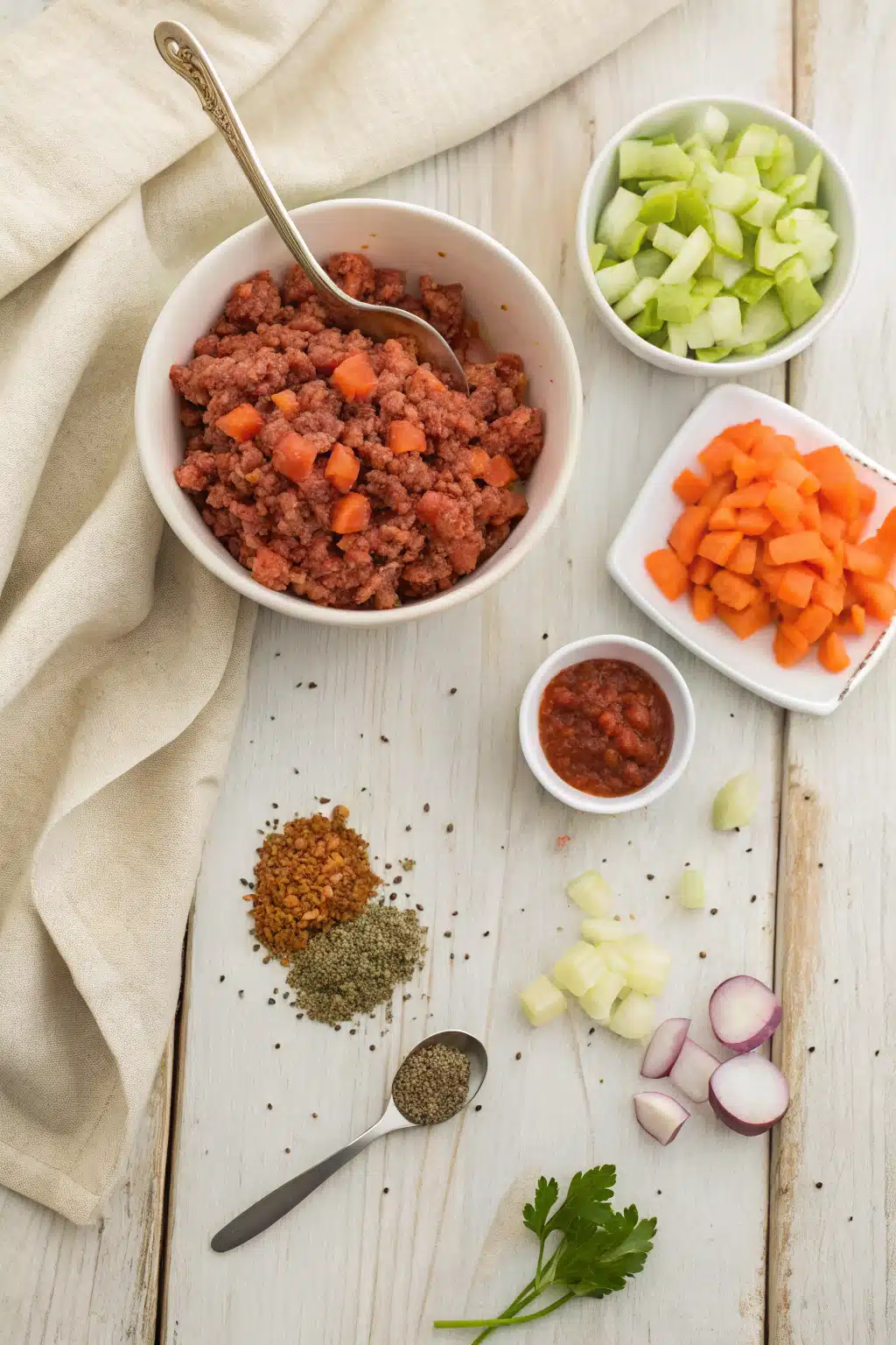 Bolognese Sauce beautifully presented from an overhead angle